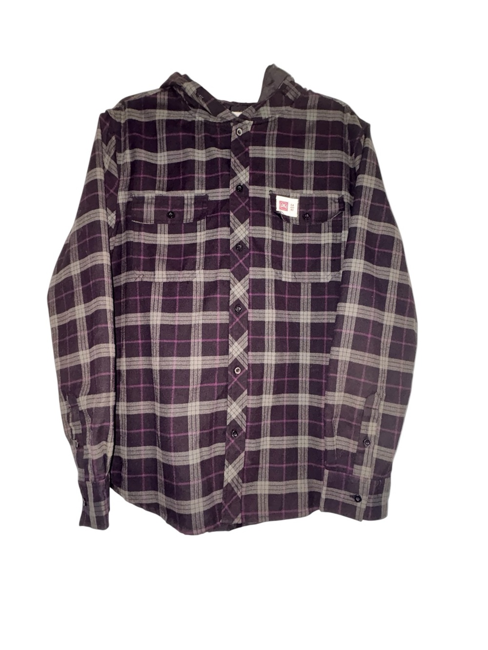 Micros Men's Purple and Gray Plaid Button-Down Hooded Shirt